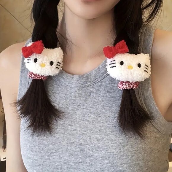 Sanrio Hair Scrungie Hello Kitty Ponytail Hair Bow Fuzzy Goth Emo Women Rave NEW - Picture 2 of 3